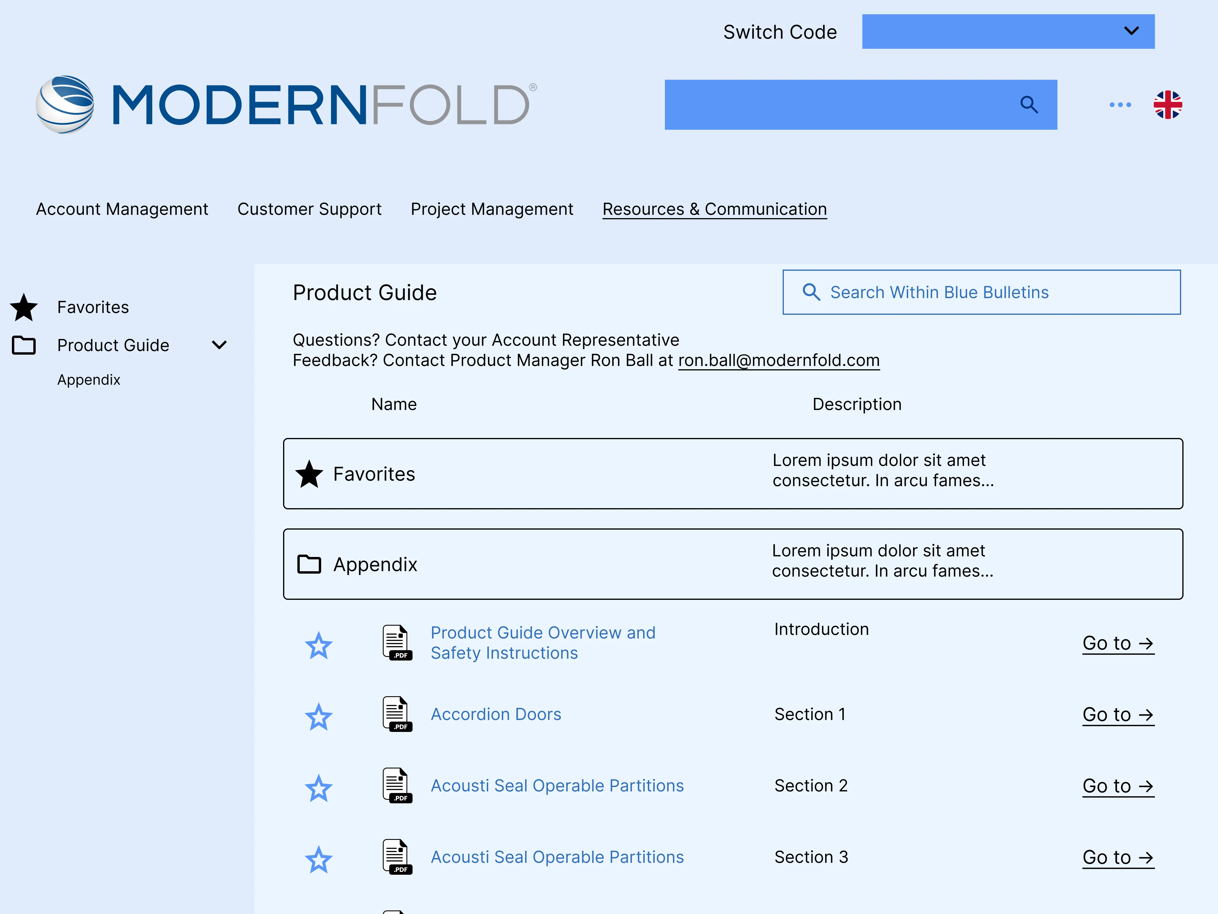 Modernfold: Product Guide Wireframe